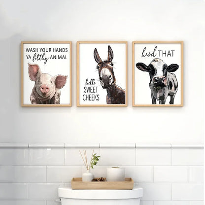 Funny Animal Bathroom Wall Art Poster – Cow, Donkey, Llama, Goat Print