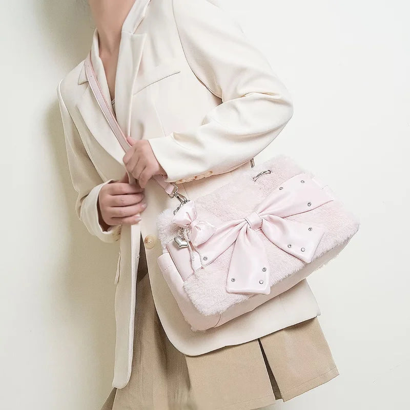 Cute Pink Bow Handbag Women's Creative Rivet Design Plush Shoulder Bag