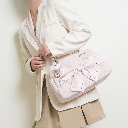 Cute Pink Bow Handbag Women's Creative Rivet Design Plush Shoulder Bag