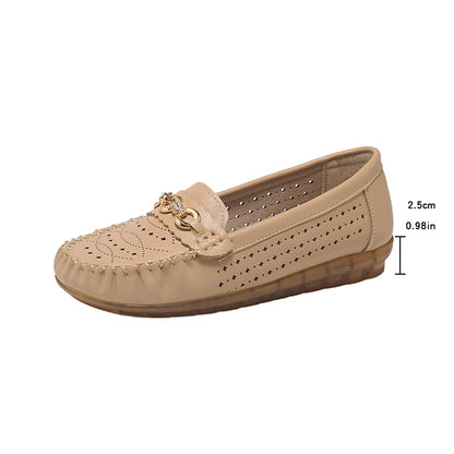 Women's Breathable Leather Loafers – Slip-On Moccasin Flats with Gold Chain