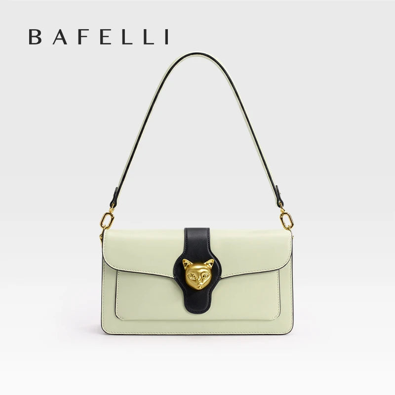Leather Baguette Crossbody Shoulder Bag with Cat Clasp