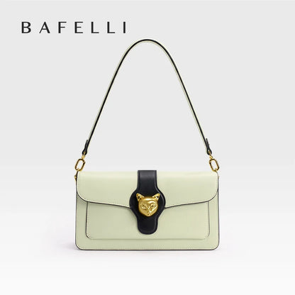 Leather Baguette Crossbody Shoulder Bag with Cat Clasp