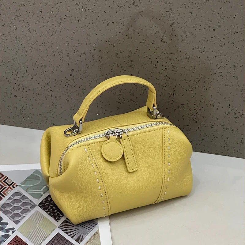 Genuine Cowhide Leather Mini Boston Bag for Women Luxury Designer Pebbled Leather
