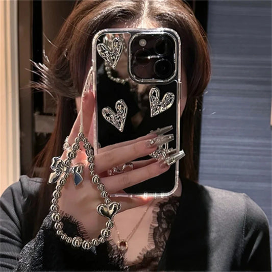 3D Heart Mirror iPhone Case with Silver Bracelet Chain