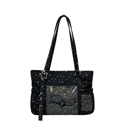 Star Print Nylon Tote Bag – Women's Shoulder Bag with Clear Pocket