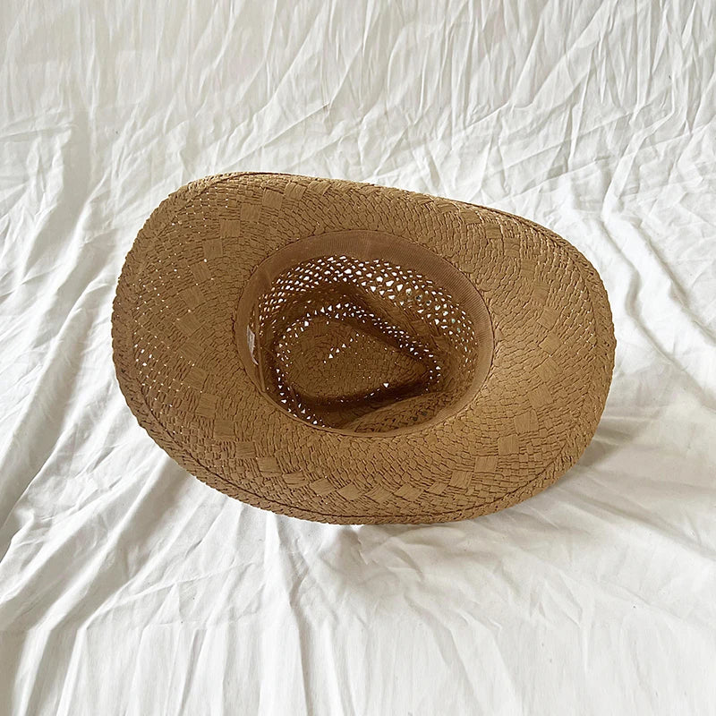 Straw Cowgirl Hat Bohemian Shell Bead Wide Brim Handmade Beach Sun Hat