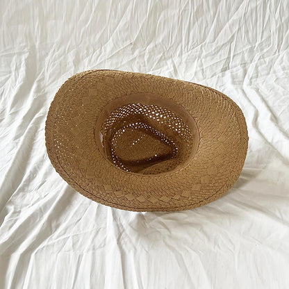 Straw Cowgirl Hat Bohemian Shell Bead Wide Brim Handmade Beach Sun Hat
