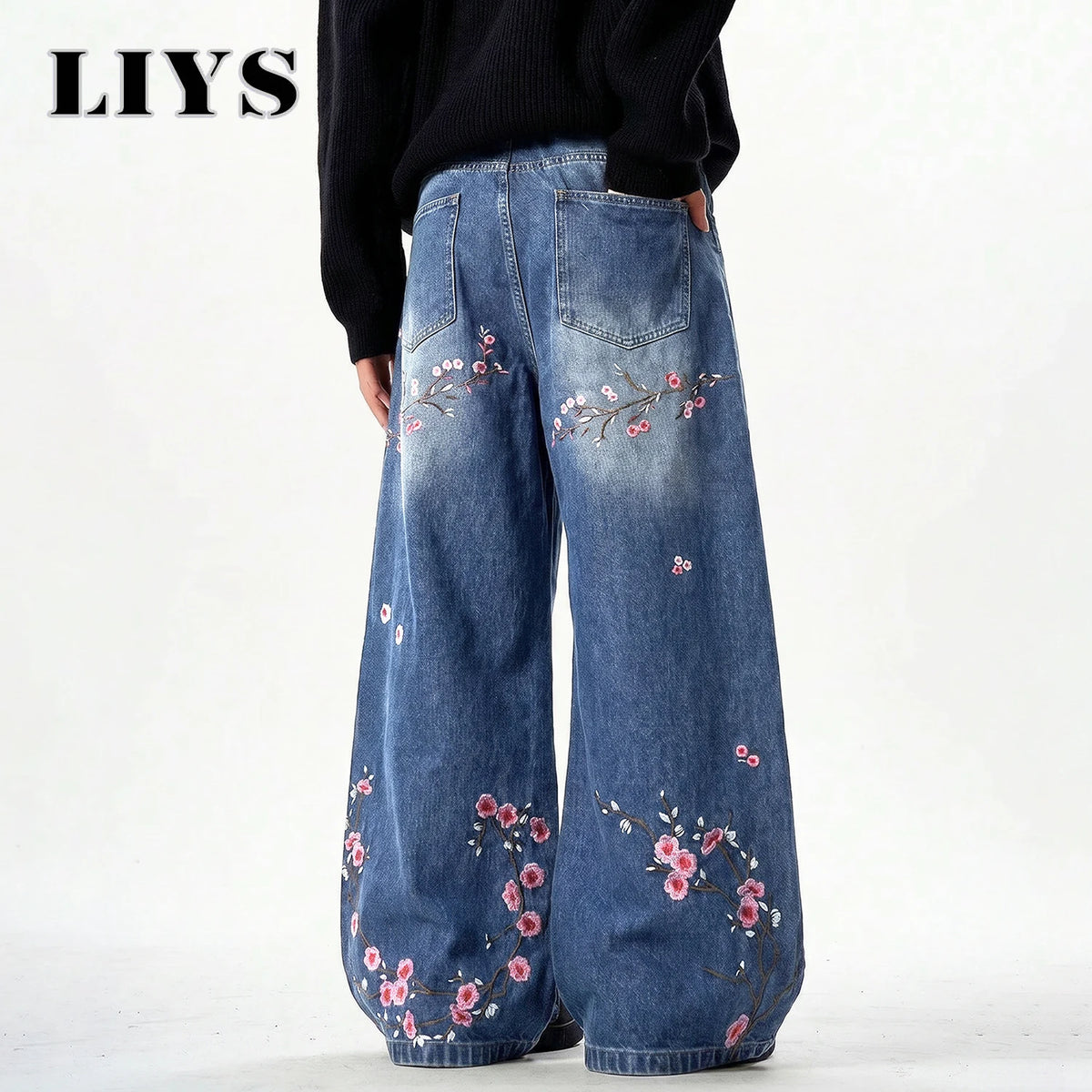 Plum Blossom Embroidered Baggy Jeans – Men's Wide Leg Denim