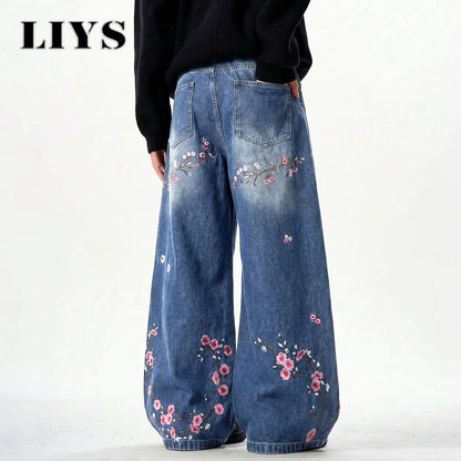 Plum Blossom Embroidered Baggy Jeans – Men's Wide Leg Denim