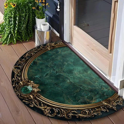 Luxury Semicircle Doormat – Gold Framed Green Marble Floor Mat