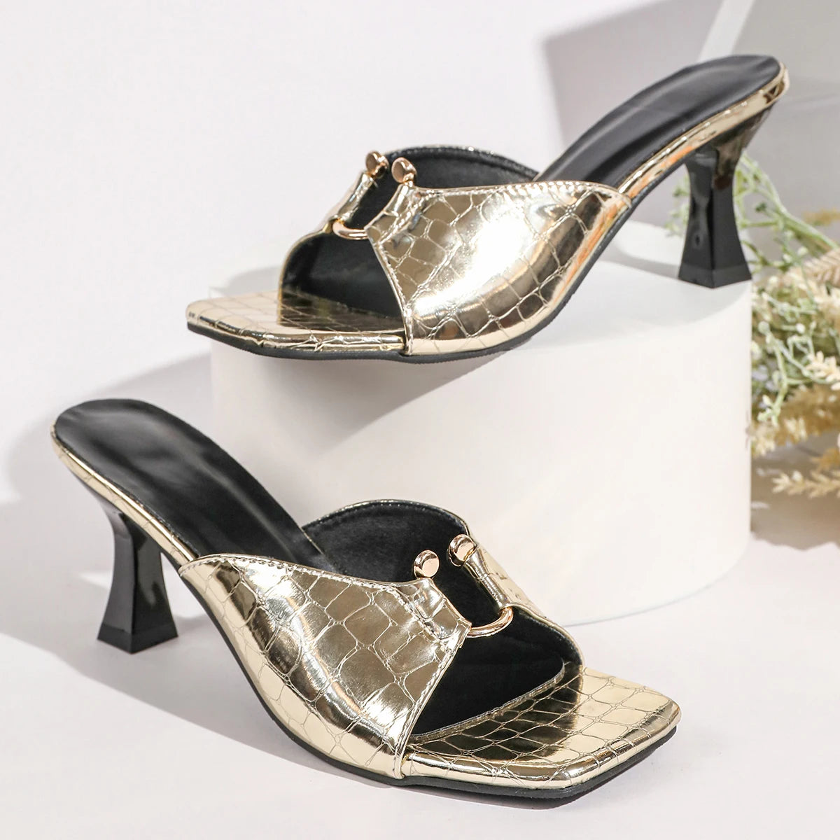 Metallic Croc Stiletto Heel Mule Sandals for Women