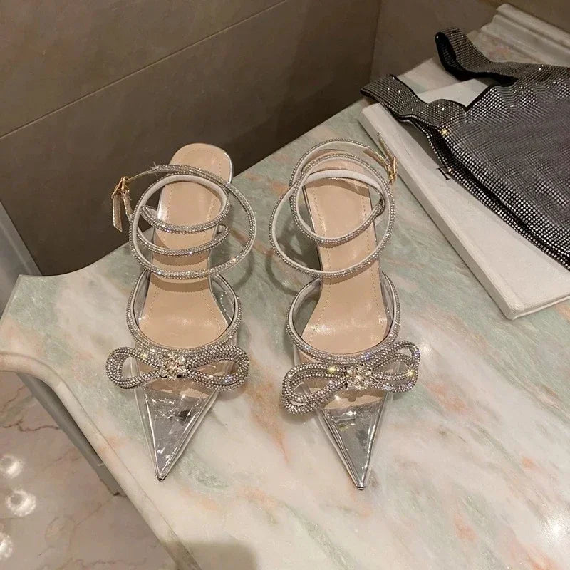 Crystal Bow Knot Satin Pumps – Rhinestone Stiletto Heels