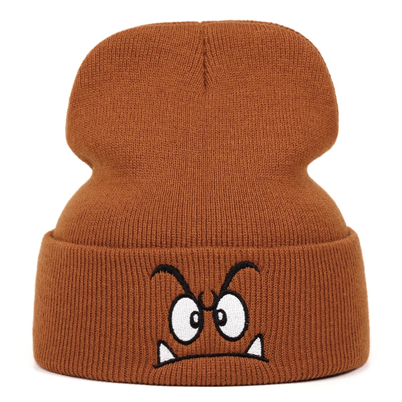Angry Face Embroidered Knit Beanie – Unisex Winter Hat