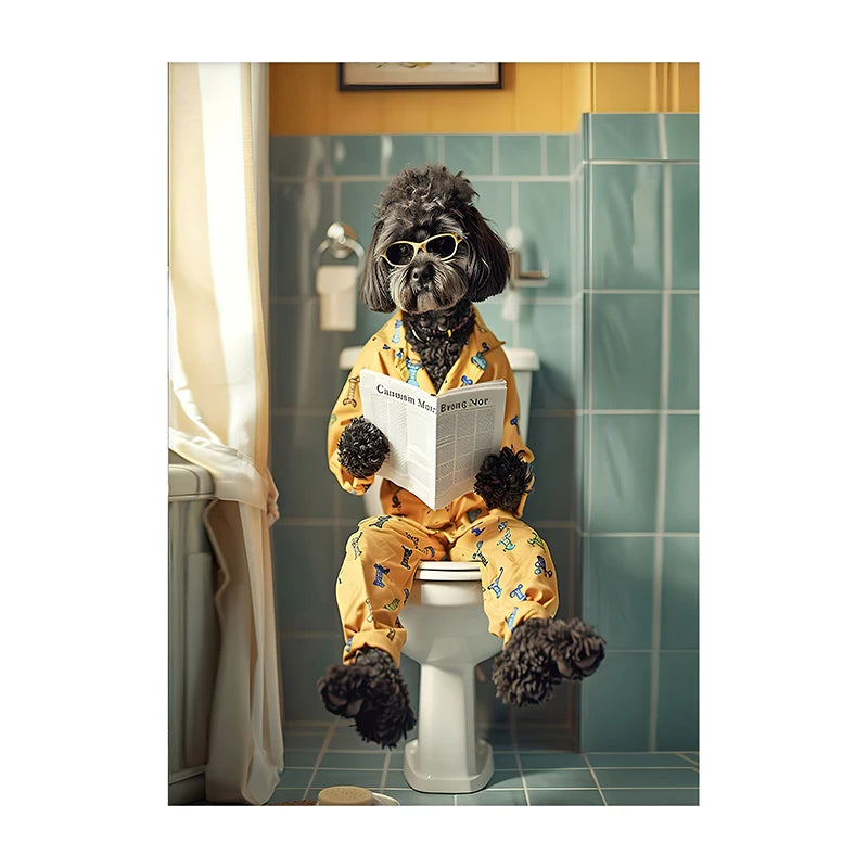 Funny Dog Bathroom Poster – Dog Reading Newspaper on Toilet Wall Art