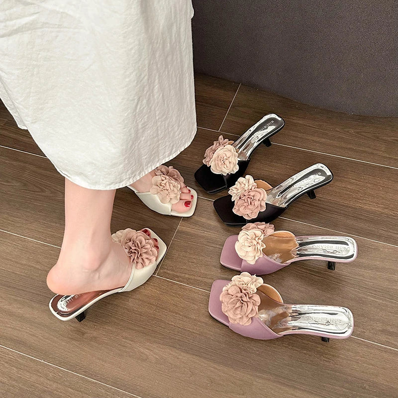 Floral Kitten Heel Slide Sandals – Women's Open Toe Mules