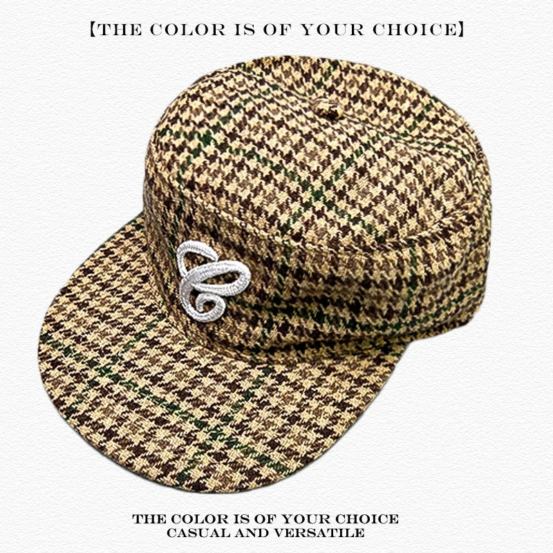 Flat Top Peaked Cap – Retro Houndstooth & Leopard Print Hat for Men & Women