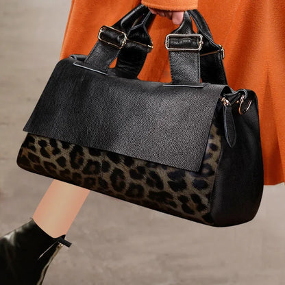 Genuine Leather Leopard Accent Handbag for Women – Luxury