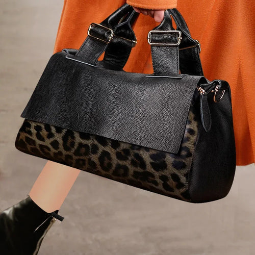 Genuine Leather Leopard Accent Handbag for Women – Luxury