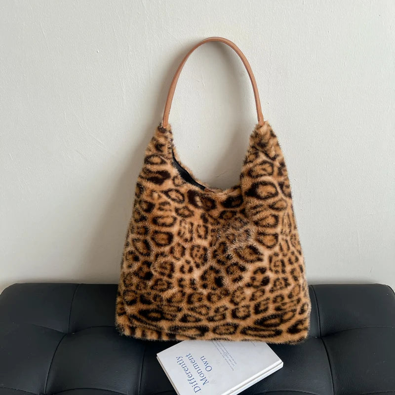 Leftside Soft Warm Faux Fur Leopard Shoulder Bags Women Winter Korean Handbags Trend Hobo Bag - Soft