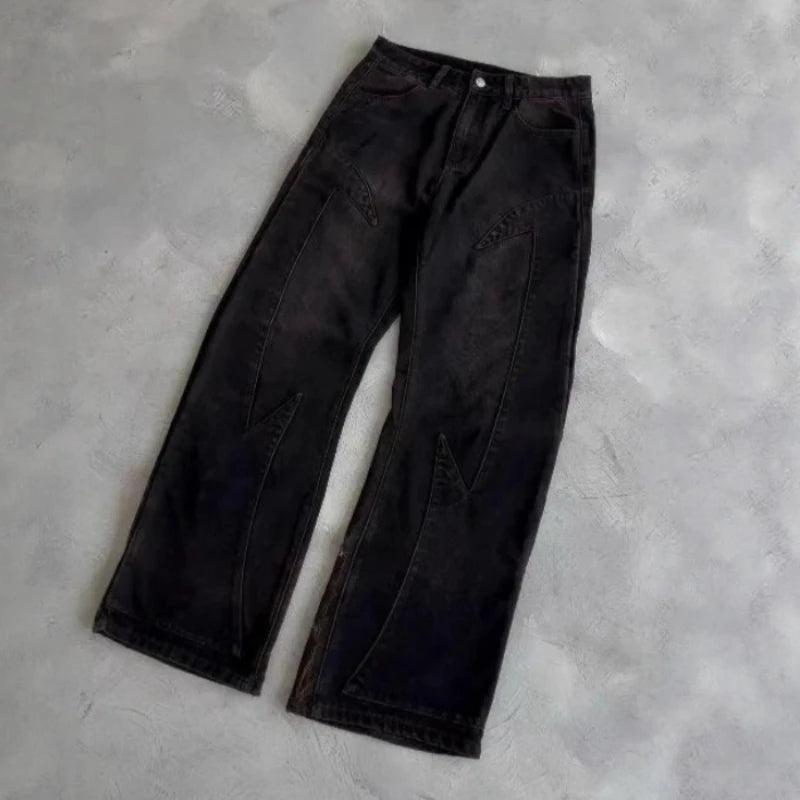 Mens Jeans Harajuku Y2k Streetwear Heavy Angel Embroidery Patchwork Washed Denim Pants Straight Leg