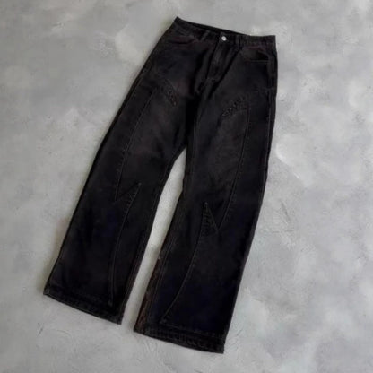 Mens Jeans Harajuku Y2k Streetwear Heavy Angel Embroidery Patchwork Washed Denim Pants Straight Leg
