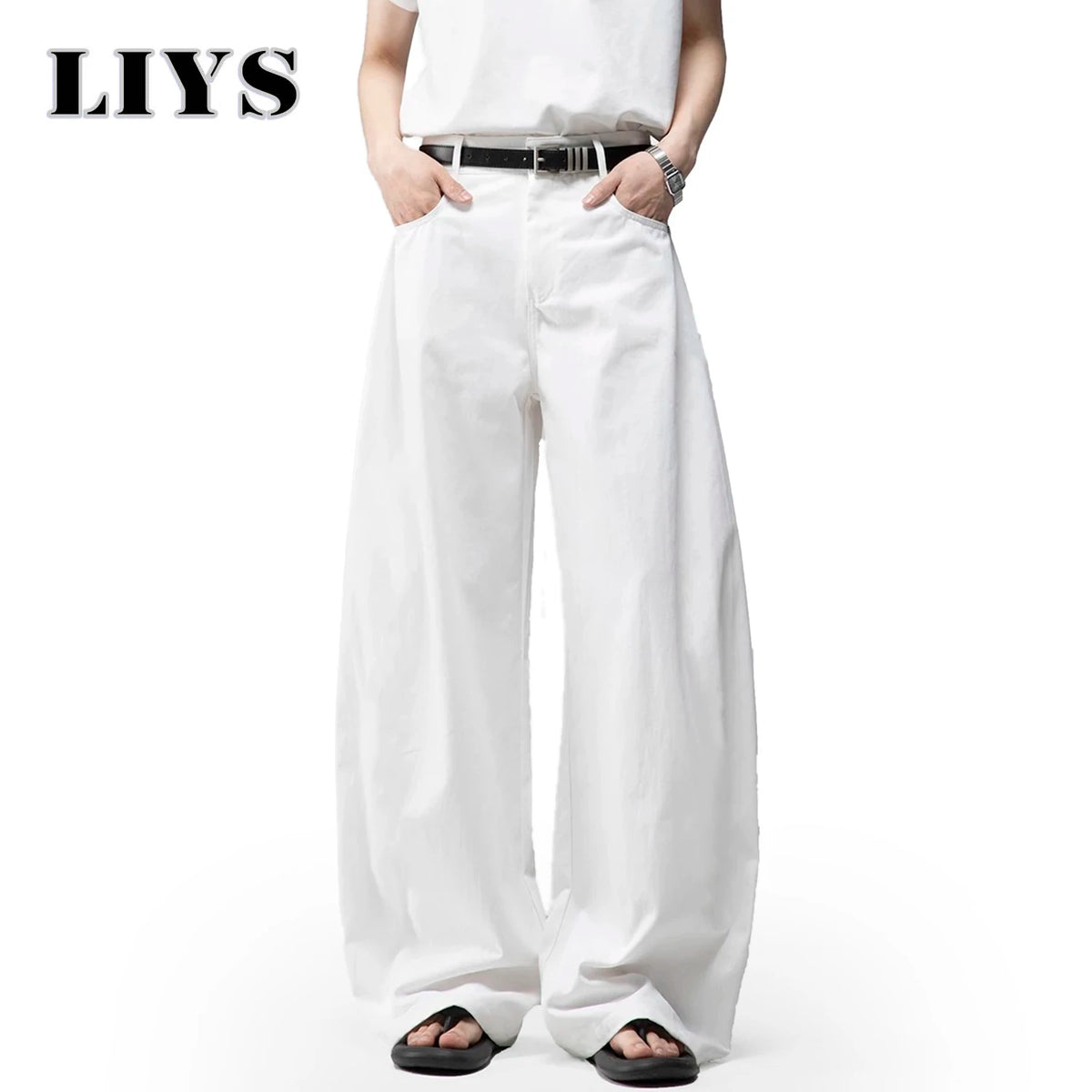 Men S White Baggy Machete Wide-Leg Jeans Daily Casual Denim Pants Solid Business Ladies Balloon