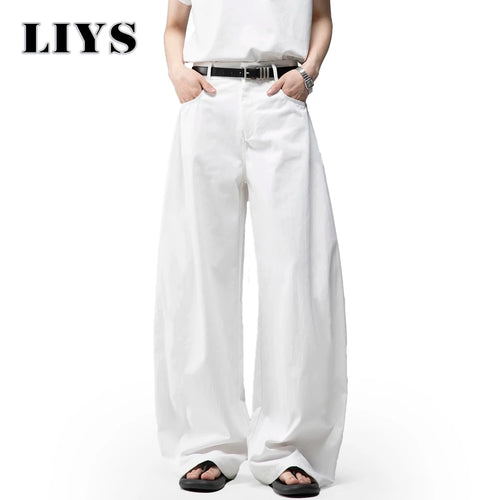 Men S White Baggy Machete Wide-Leg Jeans Daily Casual Denim Pants Solid Business Ladies Balloon