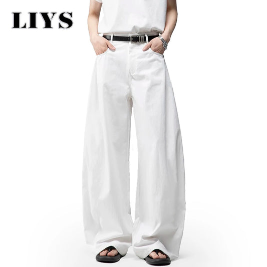 Men S White Baggy Machete Wide-Leg Jeans Daily Casual Denim Pants Solid Business Ladies Balloon