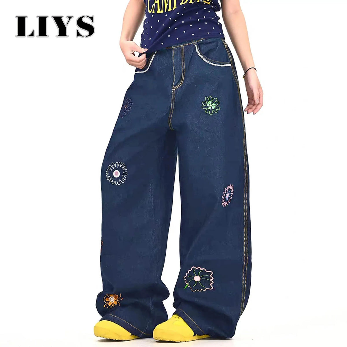 Y2K Flower Embroidered Baggy Wide Leg Jeans – Unisex Denim
