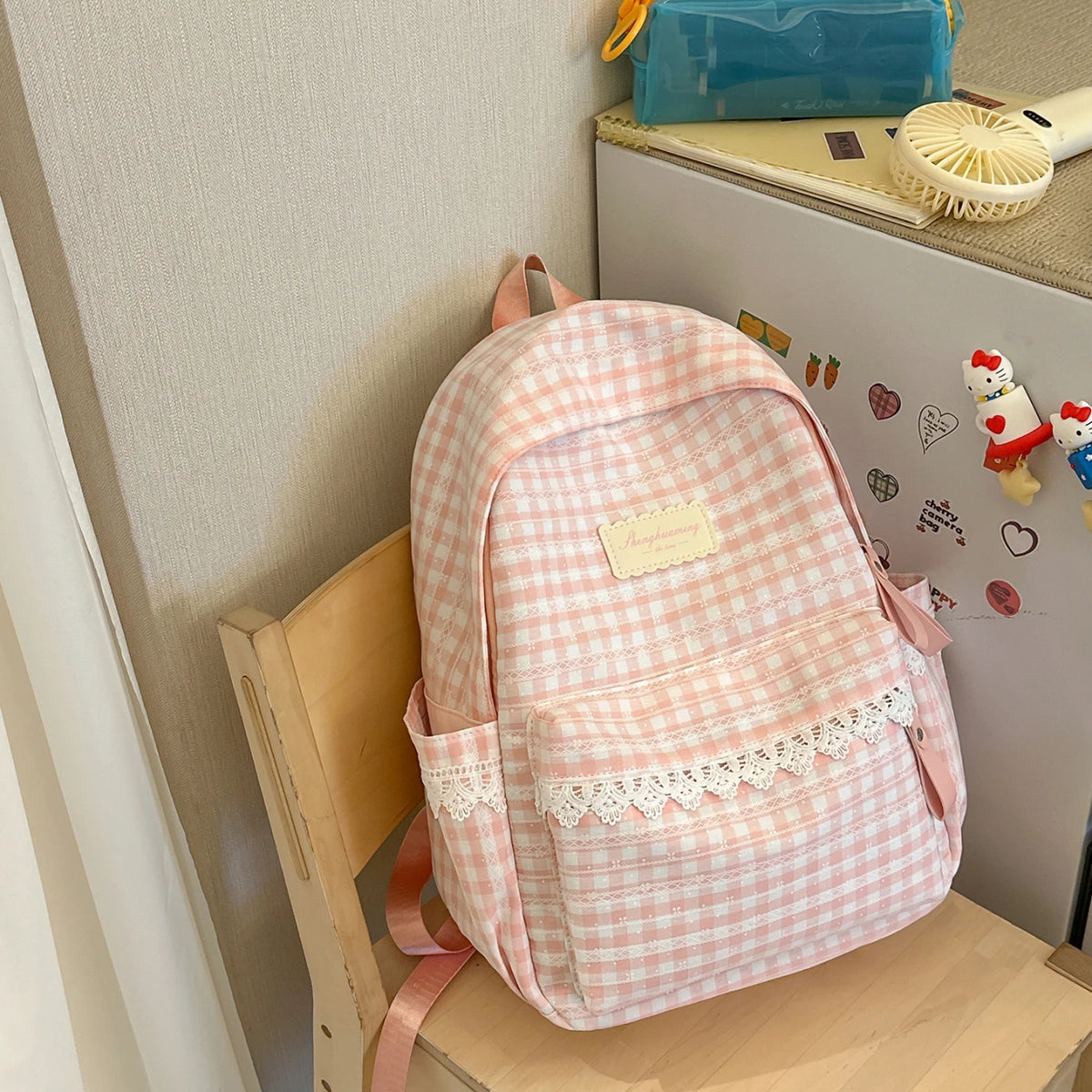 Cute Girls School Backpack – Large Capacity Plaid Daypack with Lace Trim