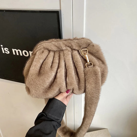 Fashion Pleated Cloud Bag Soft Faux Fur Handbag Popular Korean-style