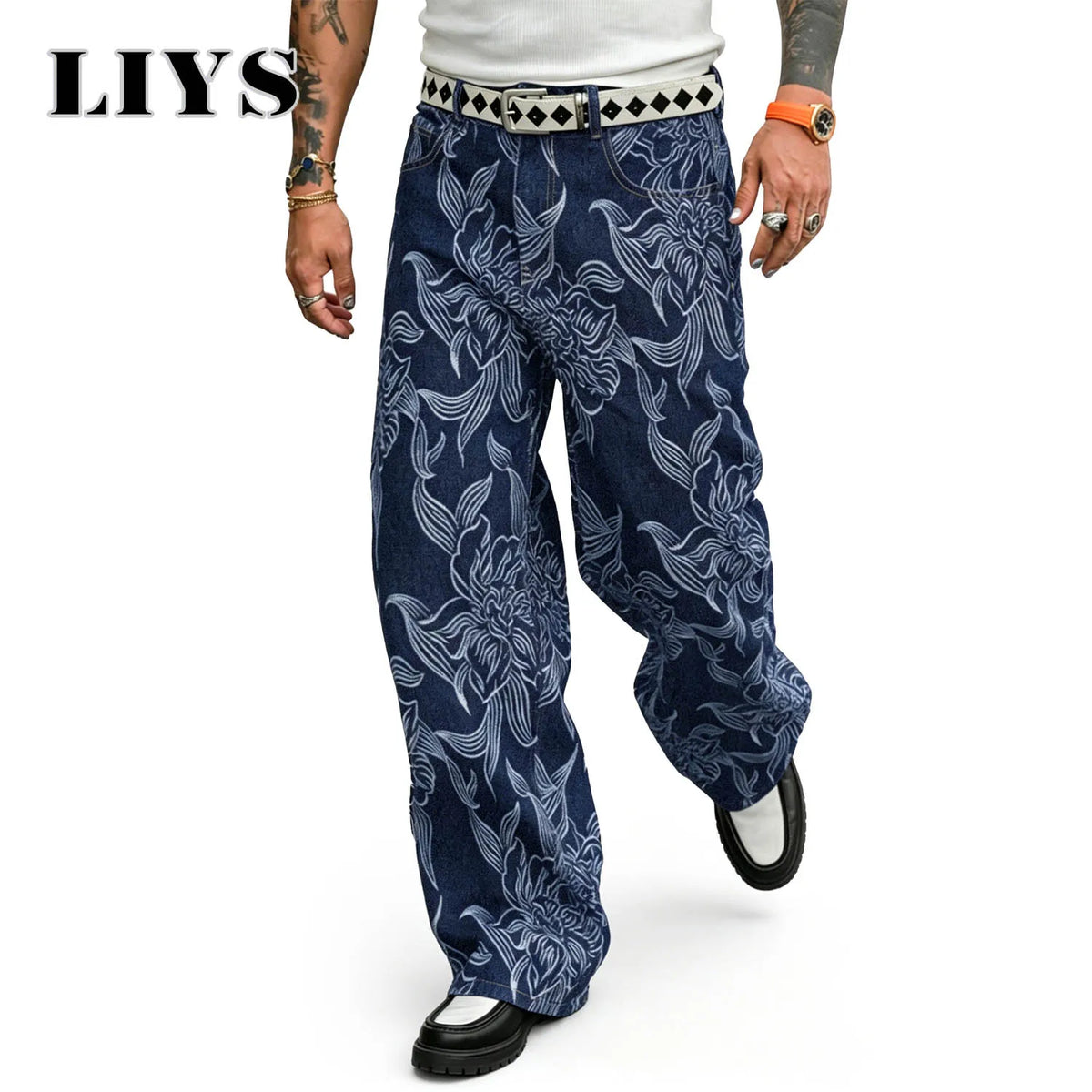 Men's Floral Print Loose Straight Jeans – Retro Streetwear