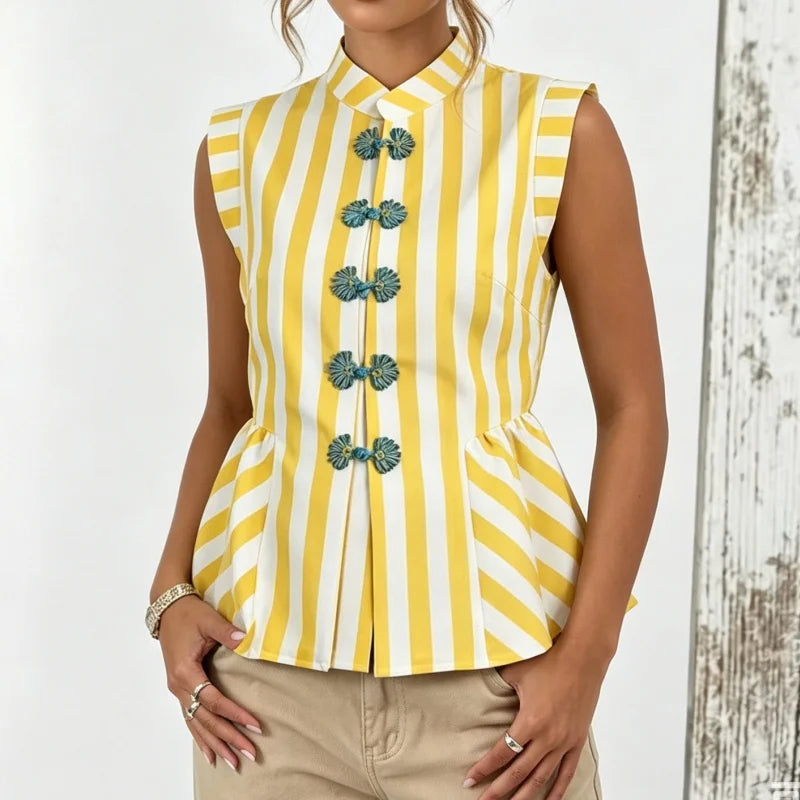 Frog Button Stand Collar Striped Crop Top – Y2K Women's Peplum Blouse