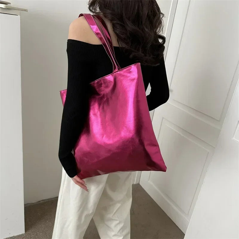 Glossy Tote Bags for Women Fashion High Capacity Shopping Pouch PU Leather Handags