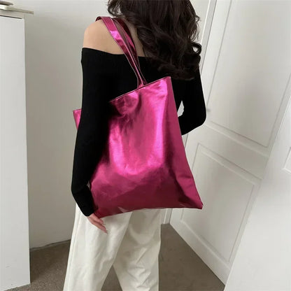 Glossy Tote Bags for Women Fashion High Capacity Shopping Pouch PU Leather Handags