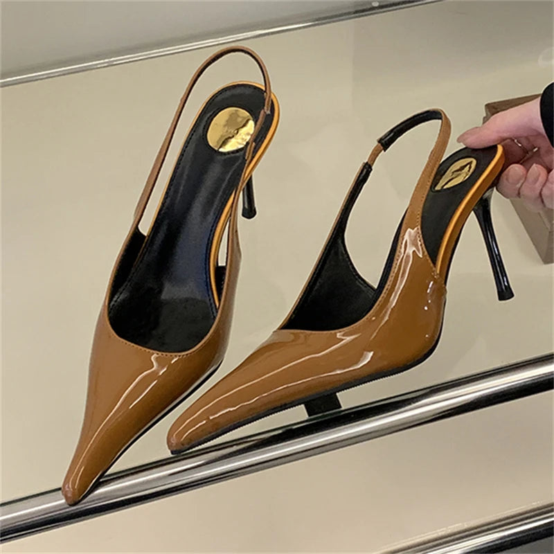 Pointed Toe Slingback Stiletto Pumps – Patent Leather Mules