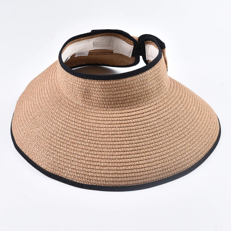 Women's Wide Brim Straw Sun Visor Hat – Foldable Open Top Beach Hat