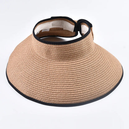 Women's Wide Brim Straw Sun Visor Hat – Foldable Open Top Beach Hat