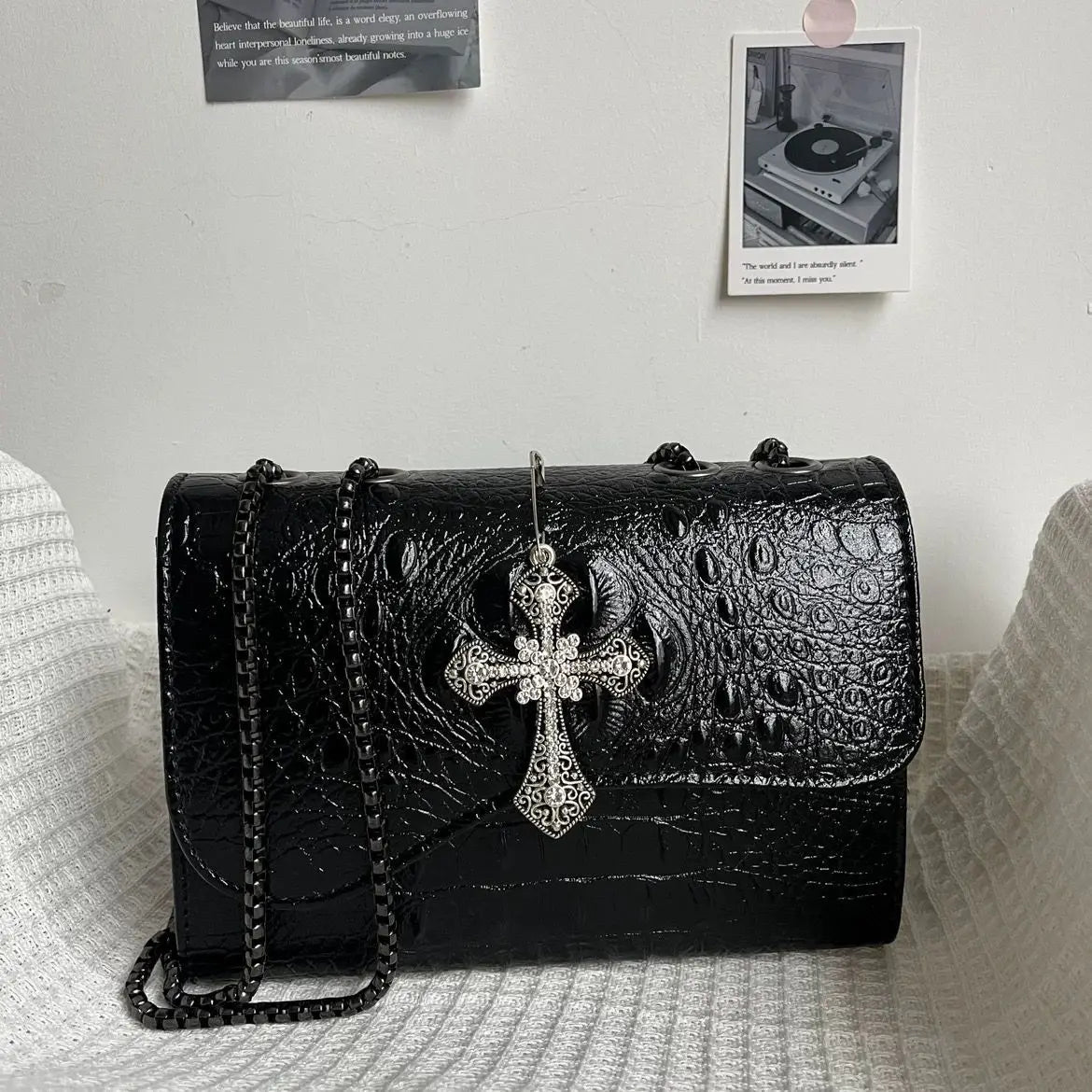Vintage Black Gothic Underarm Bag Women Cross Faux Crocodile