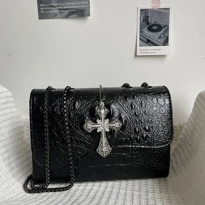 Vintage Black Gothic Underarm Bag Women Cross Faux Crocodile