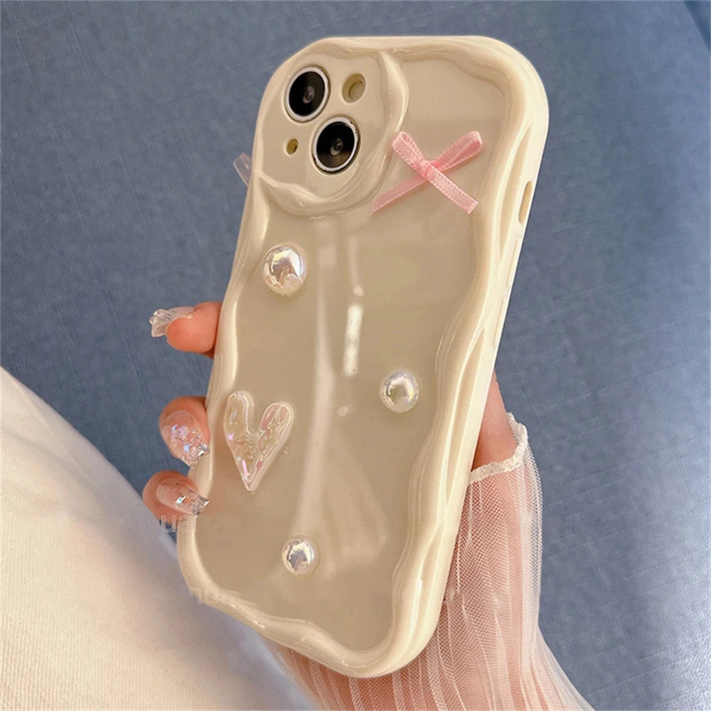 Cute Pearl Heart Bow Wave iPhone Case – Korean Aesthetic