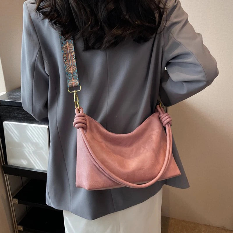 Soft Leather Geometric Wide Strap Shoulder Bag