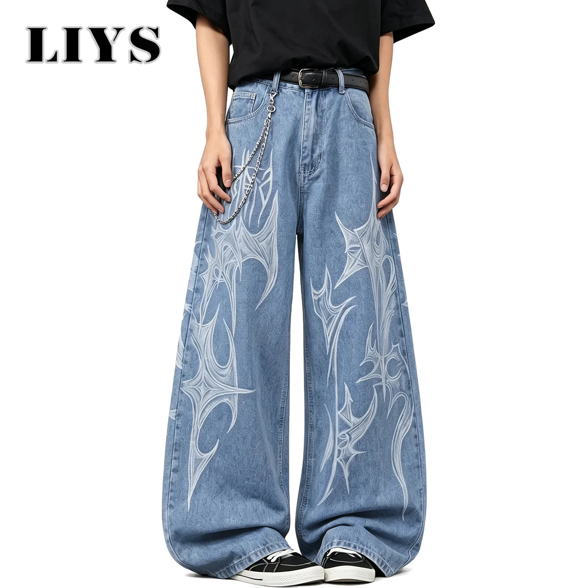 Tribal Graffiti Print Baggy Wide-Leg Jeans – Unisex Hip Hop Style