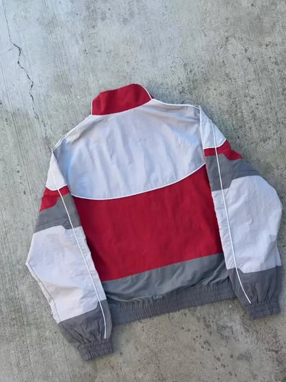 Mens Jacket Harajuku Y2k Red White Spliced Racing Pants Oversized Zip Windproof Casual Sports Unisex