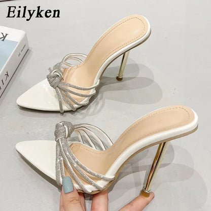 Crystal Knot Pointed Toe Stiletto Mule Heels – Women's Party Sandals