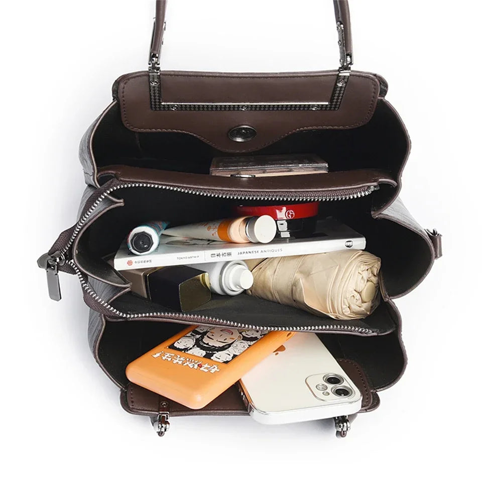 Vintage Embossed Handmade Handbag Women Versatile Pu Leather Shoulder Bag 3 Layers Large Capacity