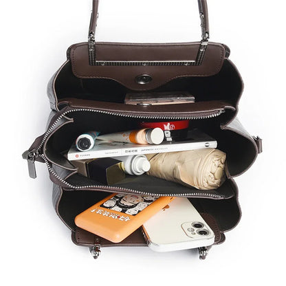 Vintage Embossed Handmade Handbag Women Versatile Pu Leather Shoulder Bag 3 Layers Large Capacity