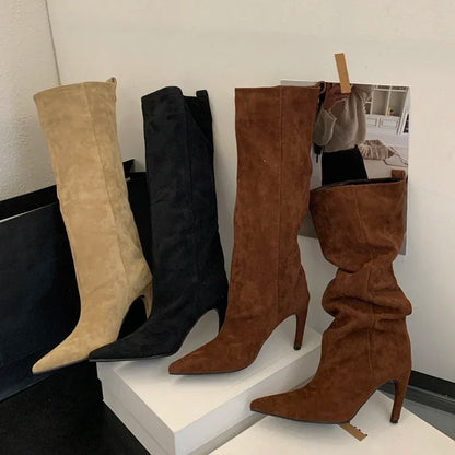 Knee-High Suede Stiletto Boots for Women – Pointed Toe