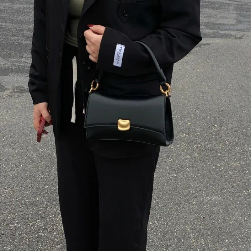 Y2K Women's Shoulder Bag – Black PU Leather Flap Lock Handbag