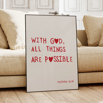 Matthew 19:26 Bible Verse Wall Art Print – With God All Things Are Possible Poster